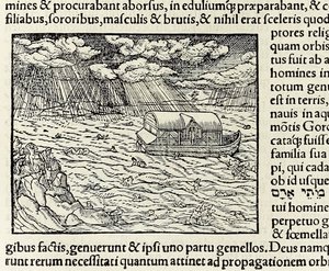 セバスチャン・マンスターによる1550年版「コスモグラフィア」のノアの箱舟と大洪水（木版画