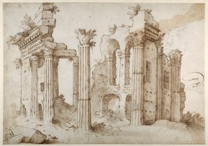 ローマ、ネルヴァのフォーラム、ミネルヴァ神殿のコルムニア化した遺跡（ペン、茶インク、ウォッシュ、紙 作： Sebastian Vrancx