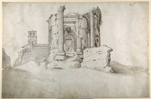 チボリのティブルティンのシビル神殿跡（白紙にペンと茶インク、灰褐色のウォッシュ 作： Sebastian Vrancx