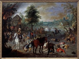 村での略奪シーン Sebastien Vrancx (1573-1647) の絵画 (ec.flam.) 17世紀 ニーム、美術館