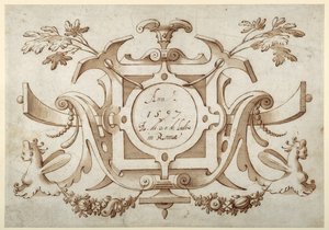 彼のローマの景色のセットに関連したストラップワークのカルトゥーシュ（ペンと茶色のインク、茶色のウォッシュ、紙