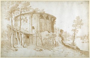 北から見たフォロム・ボアリウムのヴェスタ神殿、右にテヴェレ川、1650年頃（紙にペン・インク・ウォッシュ