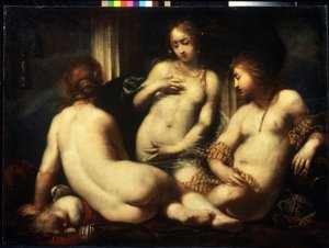 三美神。 （三美神）。 セバスティアーノ マッツォーニ (1611-1678) による絵画、1650 年頃。フィレンツェのバロック様式の芸術。 キャンバスに油彩。 プーシキン美術館、モスクワ 作： Sebastiano Mazzoni