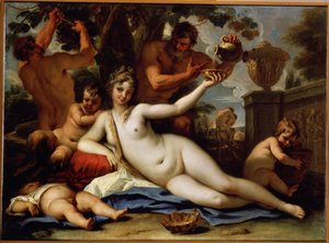 Bacchante et satyres (Bacchante and Satyrs)。 サテュロスはぶどうの木からぶどうを摘み取り、横になっている女性の裸体であるバカンテに赤ワインを提供します。 セバスティアーノ リッチ (1659-1734) による絵画、1713 年頃。ベネチアン アート。 キャンバスに油彩。 エルミタージュ美術館、サ