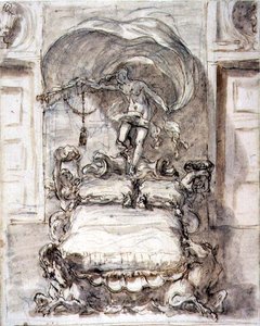 海馬と幸運のベッド」（チョークの上に茶色のインクとウォッシュをのせたもの 作： Sebastiano Ricci