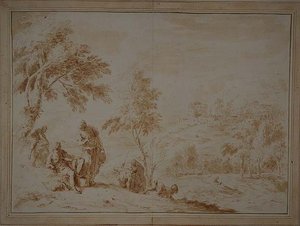 丘陵地のある広大な牧歌的風景、1720年頃（茶色のインク＆ウォッシュ） 作： Sebastiano Ricci