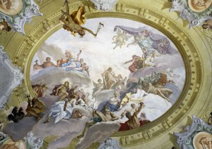 ヘラクレスの神格化。セバスティアーノ・リッチ（1659-1734）によるフレスコ画。マルチェッリ・フェンシ宮殿、フィレンツェ。 作： Sebastiano Ricci