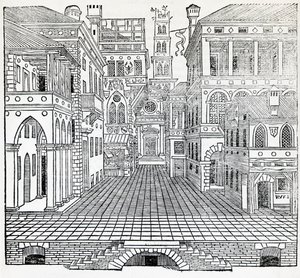 セバスティアーノ・セッリオ（1475-1554）による演劇の場面デザイン「魔法の場面」（『建築論』第2巻の挿絵 作： Sebastiano Serlio