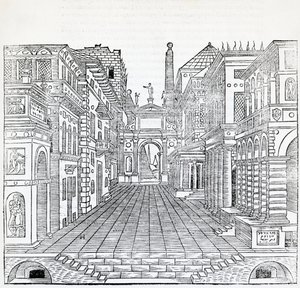セバスティアーノ・セッリオ（1475-1554）による演劇の場面デザイン「魔法の場面」（『建築論』第2巻の挿絵
