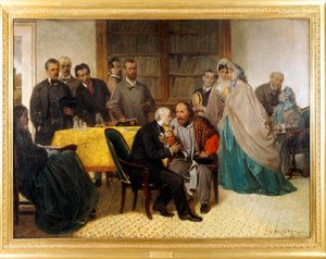 ジュゼッペ・ガリバルディ（1807-1882）とアレッサンドロ・マンゾーニ（1785-1873）の出会い 作： Sebastiano de Albertis