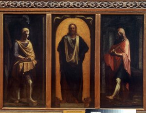 キリストと二人の聖人。 セバスティアーノ デル ピオンボ (1485-1547) の絵画。 キャンバスに油彩。 ヴェネツィア芸術、ルネッサンス。 リージョナル アート ギャラリー、タンボフ 作： Sebastiano del (c.1485 1547) Piombo