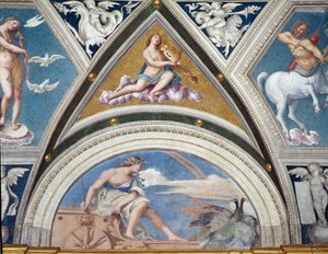 馬車に乗ったジュノーとバイオリニスト、1506年のフレスコ画を描いた金庫の装飾の詳細なガラテアのロッジアデラガラテアロッジア 作： Sebastiano del Piombo