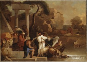 Le depart de Jacob-ヤコブの旅立ち」ブルドン、セバスチャン（1616-1671）作。キャンバスに油彩。サイズ：99x138 cm。ストックホルム国立博物館