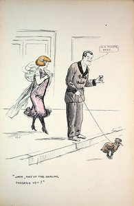 犬が用を足すのを待つカップル、1921年頃（カラーリトグラフ） 作： Sem