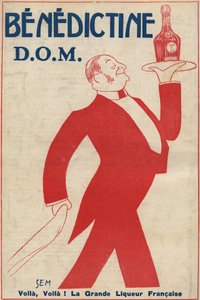消化剤（リキュール）「ベネディクティン」（D.O.M.）の広告。コーヒーボーイがトレイの上にボトルを乗せて運んでいる。セム（1873-1932）のドローイング。1911. 作： Sem