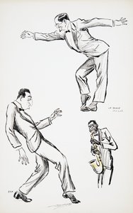 パブのWhite Bottomsから、黒のネクタイを着た2人の紳士がサックスにLa Danse Havasを演奏します。 1927年（カラーブロックプリント）、ホワイトボトムス、パブ。 1927（カラーブロックプリント） 作： Sem