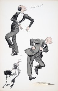 パブ、ホワイトボトムズのミュージシャンがトランペットを演奏しているときに踊るスーツを着た2人の男性。 1927（カラーブロックプリント） 作： Sem