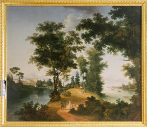 ガッチナ島（サンクトペテルブルク）。 Semyon Fyodorovich Shchedrin (Semion Shchedrin) (1745-1804) による絵画、キャンバスに油彩、1790 年頃。 ロシア美術 作： Semen Fedorovich Shchedrin