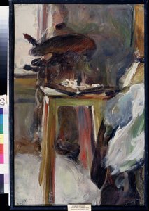 仕事中のアーティスト オルガ ナタリアーナ (仕事中のアーティスト オルガ ナタリアナ)。 Semyon Gavrilovich Nikiforov（1877-1912）による絵画、キャンバスに油彩 作： Semen Gavriilovich Nikiforov