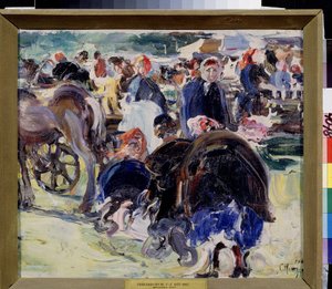 フェア（フェア）。 農民の女性とトレーダーがいる地方の市場。 Semyon Gavrilovich Nikiforov（1877-1912）による絵画、キャンバスに油彩 作： Semen Gavriilovich Nikiforov