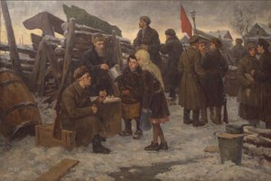 バリケードの朝。 作： Semyon Gavrilovich Nikiforov