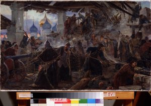 セルギエフ ポサド (ロシア) の三位一体聖セルジュ (トリニテ-サン-セルジュ) の大修道院の座席。 （セルギエフ・ポサドの三位一体セルギウス大修道院の包囲）。 動乱期（1598～1613年）の合戦シーンと揺れた王朝の危機 作： Sergei Dmitrievich Miloradovich