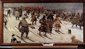 16世紀のロシアの軍事作戦。 （16世紀のロシアの軍事作戦）。 スキーで雪の中を進むロシアの戦士。 Sergei Vasilyevich Ivanov（1864-1910）による絵画、キャンバスに油彩 作： Sergei Ivanovich Gribkov