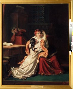 Tsarina Kseniya Godunova（1581-1622）（Tsarevna Kseniya Godunova）。 おびえた子供が誰かの腕の中に飛び込みます。 Sergei Ivanovich Gribkov (1820-1893) による絵画、キャンバスに油彩、19 世紀のロシアの芸術。 Regional Art Gallery、トヴェリ（ロシア） 作： Sergei Ivanovich Gribkov