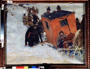 そりはボヤール（boiard、boiar）（ロシアの貴族）を閉じます（ボヤールの閉じたそり）。 Sergei Vasilyevich Ivanov (1864-1910) の作品、紙に油彩 作： Sergei Ivanovich Gribkov
