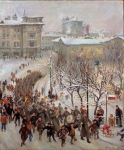レッド・アーミー・メン。 第二次世界大戦中 (1939 ～ 1945 年) の雪に覆われた都市の通りでのソビエト連邦軍のパレード。マーチング バンドが先行し、喜びに満ちた子供たちを伴った。 セルゲイ・イワノビッチの絵
