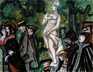 夏の庭で。 （サンクトペテルブルクの彫像の周りを散歩するのが最高の日曜日の家族）。 Sergei Yurievich Sudeykin (Serge Soudeikine) (1882-1946) の作品、紙に鉛筆、グワッシュ、インク。 ロシア美術 作： Sergei Yurevich Sudeikin