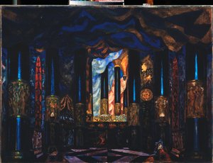 Jacinto Benavente (1866-1954) による演劇「人生の反対側」の準備装飾 (J Benavente による演劇の人生の反対側の舞台デザイン) - Sergei Yurievich Sudeykin (Serge Soudeikine) による作品 ( 1882-1946)、テンペラ