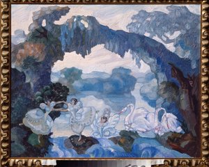 ピオトル・チャイコフスキー (1840-1893) によるバレエ「シグネス湖」の準備装飾 (チャイコフスキーによるバレエ「白鳥の湖」の舞台デザイン) - セルゲイ・スデイキン (セルジュ・スデイキン) (1882-1946) 作、油彩段ボール
