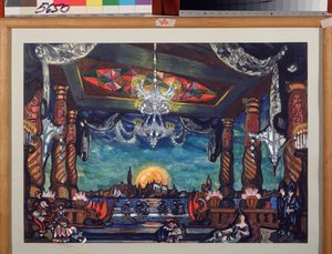 ジャック・オッフェンバッハによるオペラ「ホフマンの物語」の準備装飾 (J・オッフェンバッハによるオペラ「ホフマン物語」の舞台デザイン) - セルゲイ・ユリエヴィッチ・スデイキン (セルジュ・ソウダイキン) (1882-1946) の作品、水彩、インク段ボールに