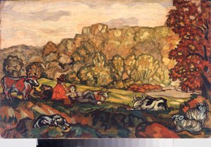 田園風景 - セルゲイ・ユリエヴィッチ・スデイキン (セルジュ・ソウデイキン) (1882-1946) による絵画、キャンバスに油彩、20世紀初頭のロシア美術 - プリモルスク州立美術館、ウラジオストク (ロシア) 作： Sergei Yurevich Sudeikin