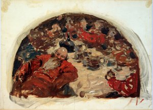 トラブルの時間。 1598 年から 1613 年までのロシアの歴史の期間、赤いスーツを着た男性の飲酒シーン。 Sergei Vasilyevich Ivanov (1864-1910) の作品、ボール紙に油彩 作： Sergej Vasilevic Ivanov