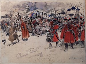 Streltsy (または Strelets) の軍隊、16 世紀から 18 世紀まで存在したロシアの軍事組織 (The Streltsy)。 Sergei Vasilyevich Ivanov (1864-1910) の作品、紙に水彩、ロシア美術、19 世紀後半、20 世紀初頭。 ステート ユナイテッド アート ミュージアム、コストロマ