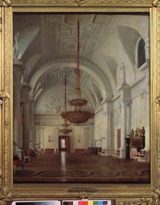 サンクトペテルブルクの冬宮殿のホワイト ホールの眺め。 Sergey (Sergei, Sergei) Konstantinovich Zaryanko (Zarianko) (1818-1870) による絵画、キャンバスに油彩。 ロシア美術 作： Sergey Konstantinovich Zaryanko