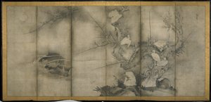 ヤナギ、プラムとヤナギのサギ、6つのパネルの屏風（紙にインク） 作： Sesson Shkei