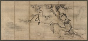 川岸のサルと木々、桃山時代、16世紀半ばから後半。 作： Sesson Shukei