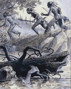 流木の陰に隠れたジョン・コルター（紙にグワッシュ） 作： セヴェリーノ・バラルディ