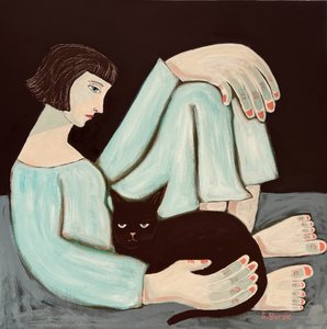 物思いにふける女性と黒猫 作： 