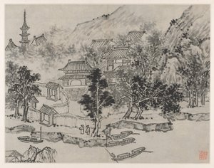 蘇州タイガーヒルの12の景色：1490年後の係留運河からのタイガーヒルの遠景。 作： Shen Zhou