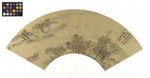 パゴダ、住宅、ボートのある風景、金の紙に1625のインクと色 作： Sheng Maoye