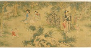 庭の女性と子供たち（シルクにインクとカラー） 作： Shi Wang