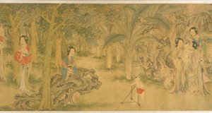 庭の女性と子供たち（シルクにインクとカラー） 作： Shi Wang
