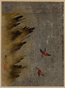 鳥と突き出た岩。 作： Shibata Zeshin