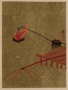 水中の魚網の上にドックから吊り下げられた火かご。 作： Shibata Zeshin