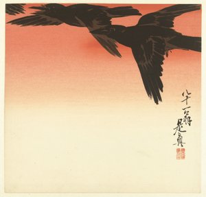 赤い空を背景にカラス 作： Shibata Zeshin