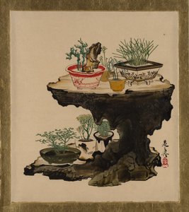 さまざまな主題の漆の絵画：盆栽、1882年。 作： Shibata Zeshin